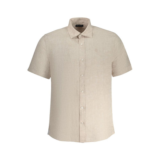 North Sails Beige Linen Shirt with short sleeves, Italian collar, buttons, and embroidery featuring the Ocean Positive logo.