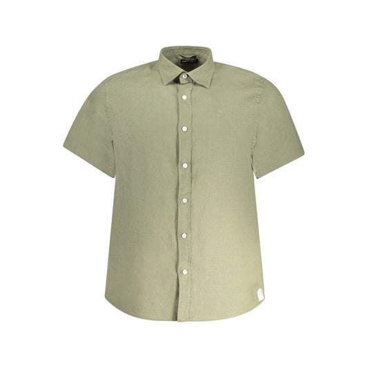 North Sails Green Linen Shirt with short sleeves and Italian collar, featuring buttons and logo embroidery, Ocean Positive design.