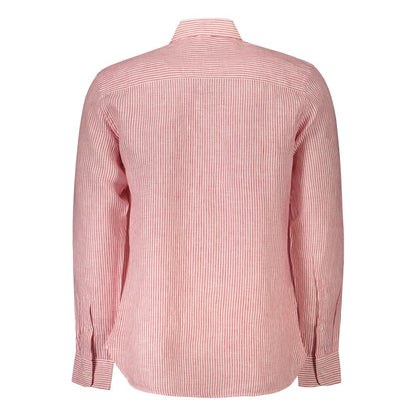 Back view of North Sails Red Linen Shirt with long sleeves, striped fabric, French collar, and 1 button cuffs.