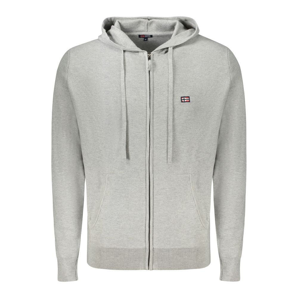 Norway 1963 Gray Polyamide Men Cardigan with hood, zip closure, pockets, and embroidered logo, showcasing style and comfort.