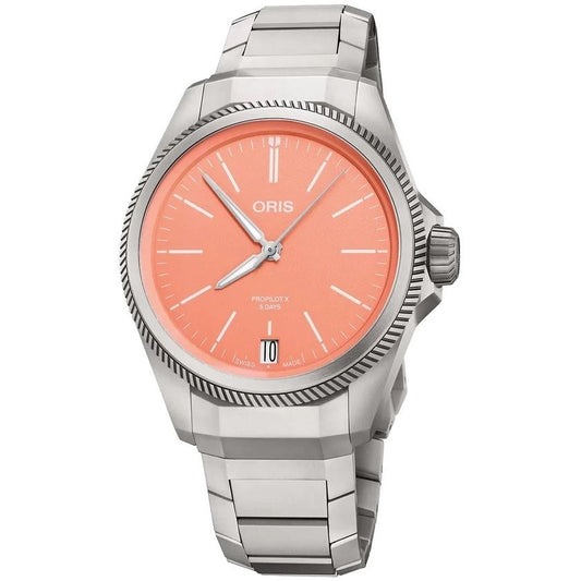 ORIS MOD. PROPILOT X CALIBRE 400 stainless steel wristwatch with salmon dial, automatic movement, sapphire crystal, 39mm case, water resistant.
