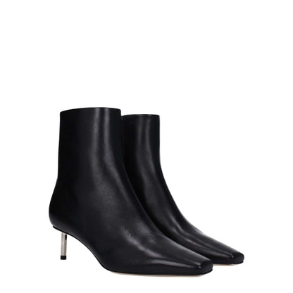 Off-White Black Leather Ankle Boots with a square toe and mid heels, featuring a zip closure and leather sole. Style for casual wear.