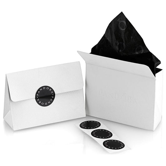 PANDORA Jewelry gift packaging set, includes white box and envelope with black stickers, suitable for elegant presentation.