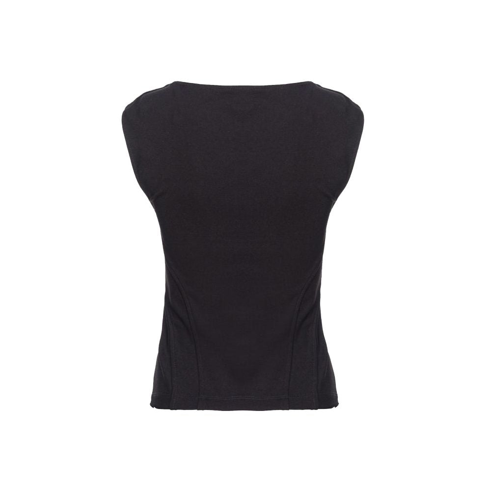 Back view of PINKO Black Viscose Women Top showcasing sleek design with wide neckline and functional side zip for elegant fit.