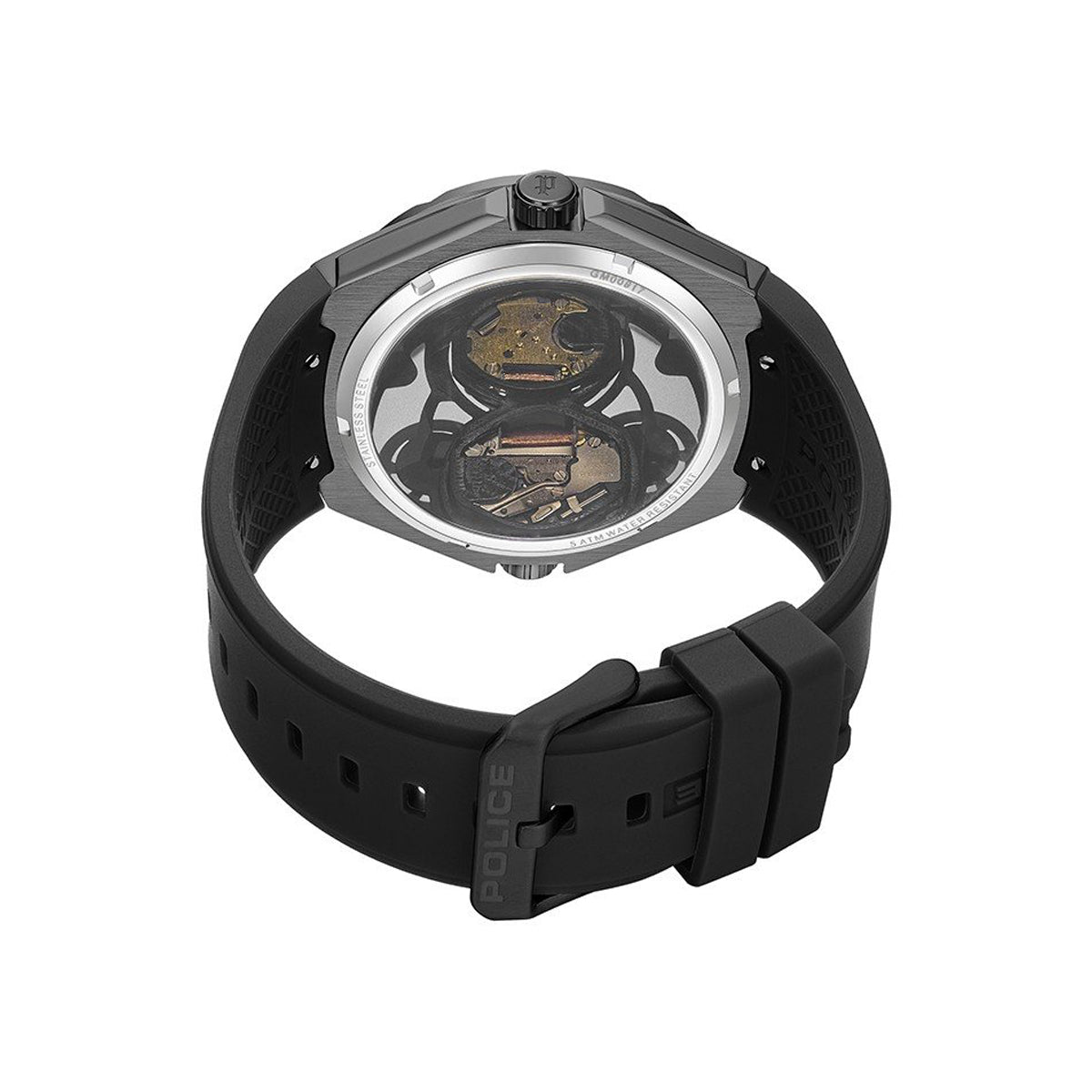 Back view of POLICE WATCHES Mod. PEWGM0081701 showcasing detailed mechanical design with black strap.