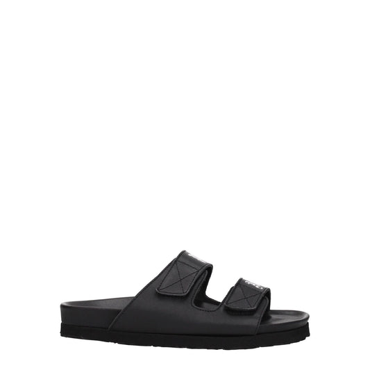 Palm Angels Black Leather Flat Sandals with front logo and strap closure, casual style, featuring a low rubber sole, MPN PWIH010LEA0011001.