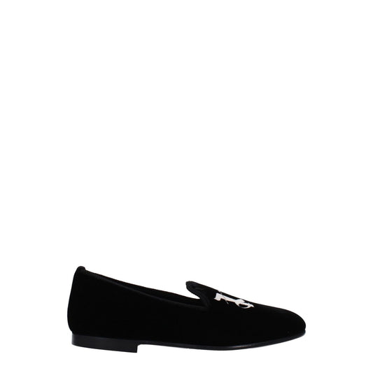 Palm Angels Black Velvet Slip-On Loafers with front logo, casual style, leather sole, round toe, low flat heel. MPN: PWIG004FAB0011000
