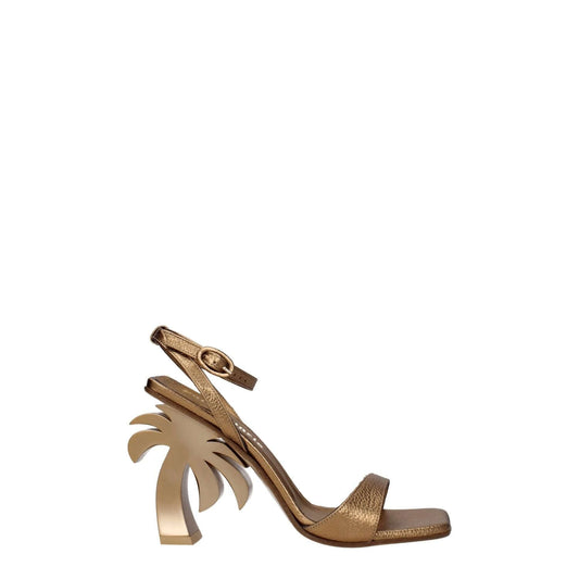 Palm Angels Gold Leather Platform Sandals with palm tree heel, buckle closure, front detail, open toe, and high heel.