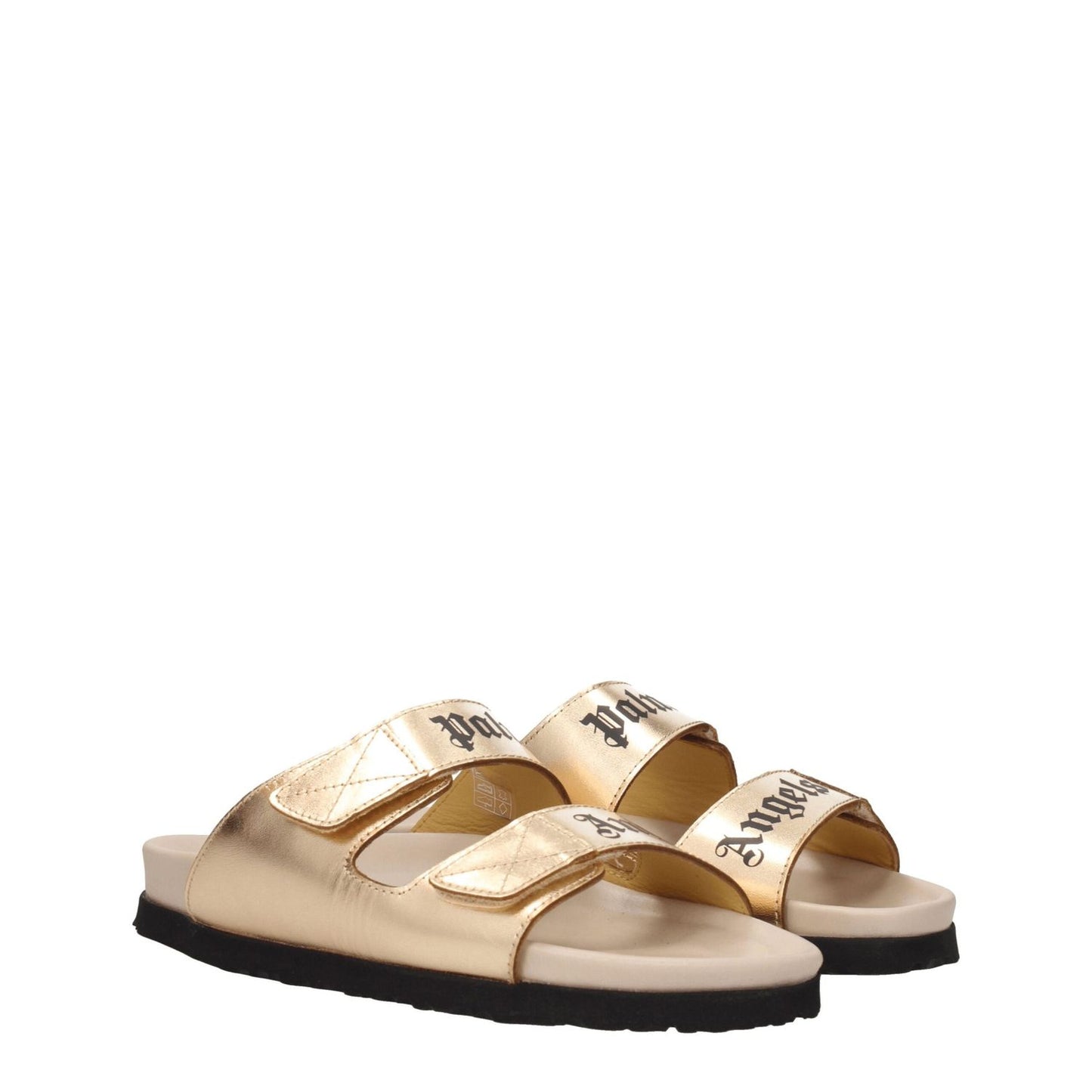 Alt Tag: Palm Angels Gold Leather Slippers with metallic effect, front logo, strap closure, open toe, low flat heel, rubber sole.