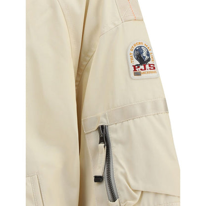 Close-up of Parajumpers White Polyester Clothing showing signature patch and sleeve zipper detail.