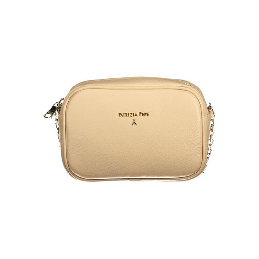 Patrizia Pepe Beige Leather Handbag with adjustable shoulder strap, internal pocket, and zip closure, featuring logo
