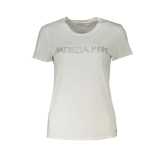 Patrizia Pepe White Organic Cotton Women T-Shirt with rhinestones and logo, crafted in Romania, luxury fashion top.