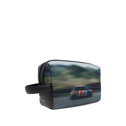 Paul Smith Recycled Polyester 'Pixelated Mini' Washbag with car graphic, leather handle, and grey zip, measuring 23x16x10 cm.