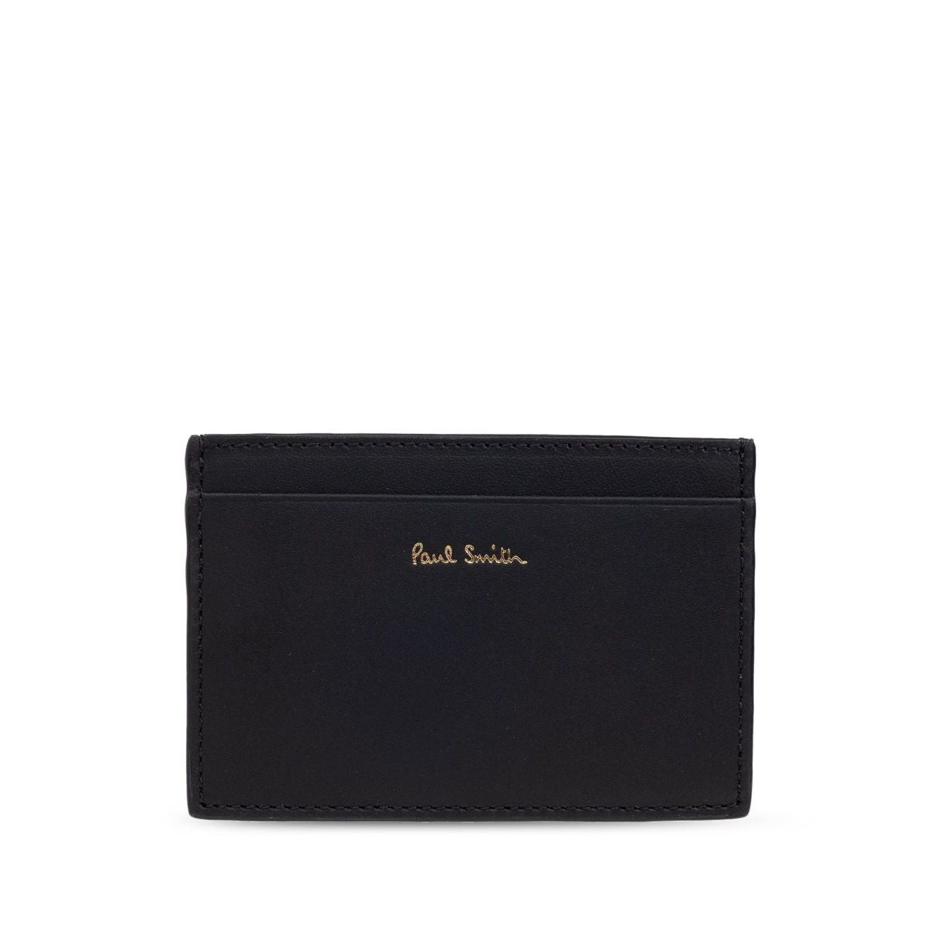Paul Smith Signature Stripe leather card case with black card slots and logo stamp on the front.