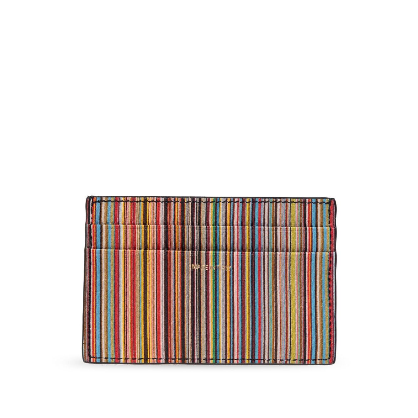 Paul Smith Signature Stripe leather card case with black card slots and logo stamp on front, featuring a striped rectangular design.