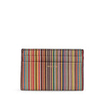 Paul Smith Signature Stripe leather card case with black card slots and logo stamp on front, featuring a striped rectangular design.