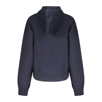 Back view of Pepe Jeans Blue Cotton Women Sweater with hoodie, organic cotton, bold print and logo.