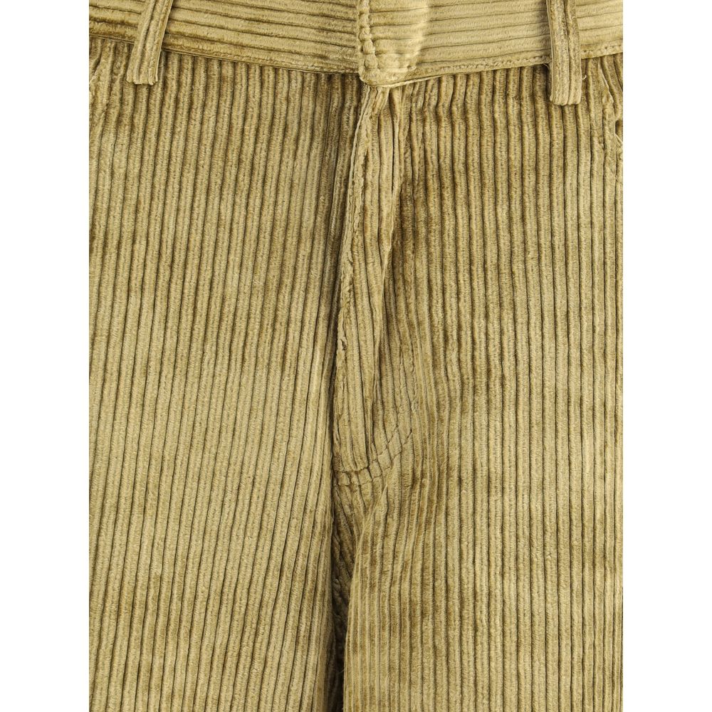 Close-up of Petar Petrov Gold Cotton Casual Pants highlighting corduroy texture and zipper detail.