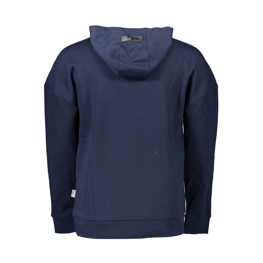 Back view of Plein Sport Blue Cotton Men Sweater with hood showcasing minimalist design.