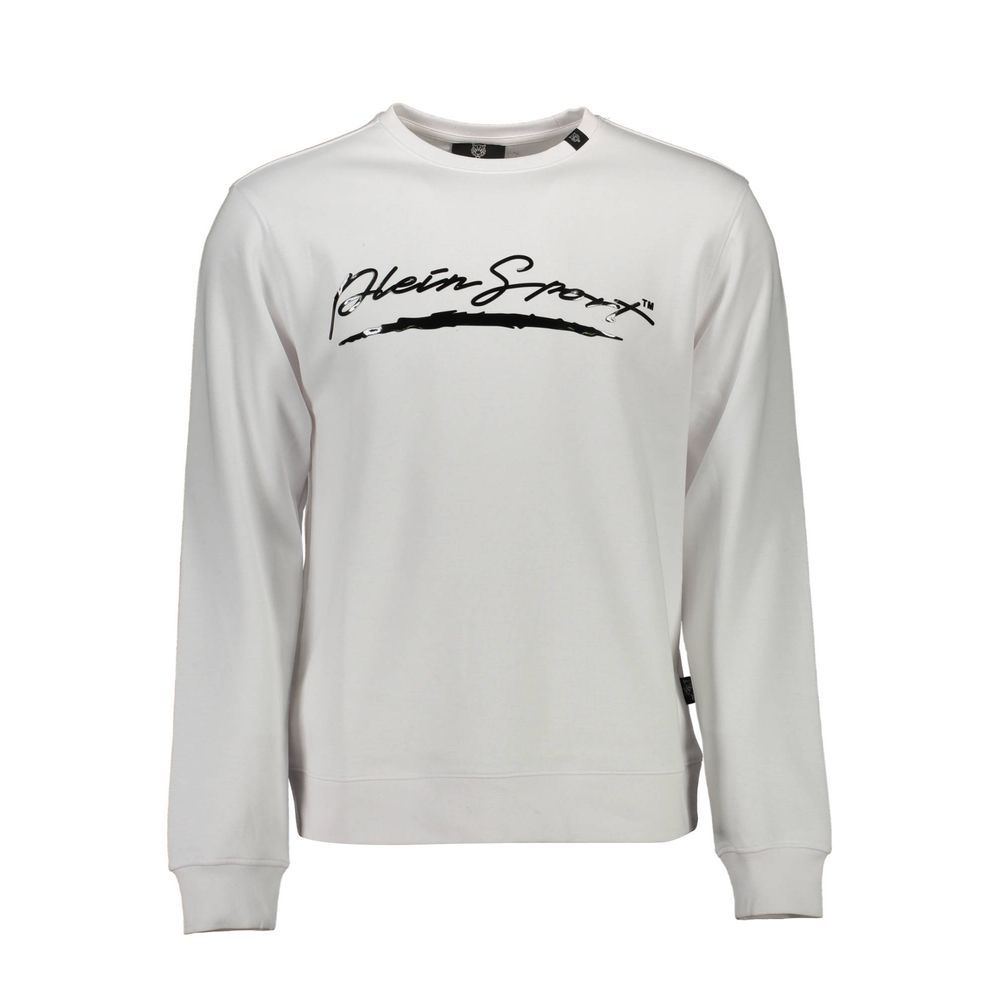 Plein Sport White Cotton Men Sweater with logo and stylish prints, long sleeve crew neck for bold fashion statement