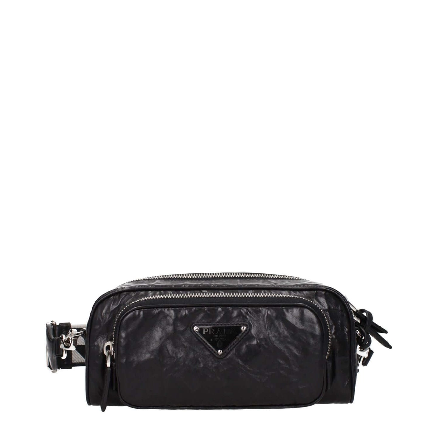 Prada Black Leather Crossbody Bag with front logo, adjustable strap, and zip closure; small size, silver details, and external pocket.