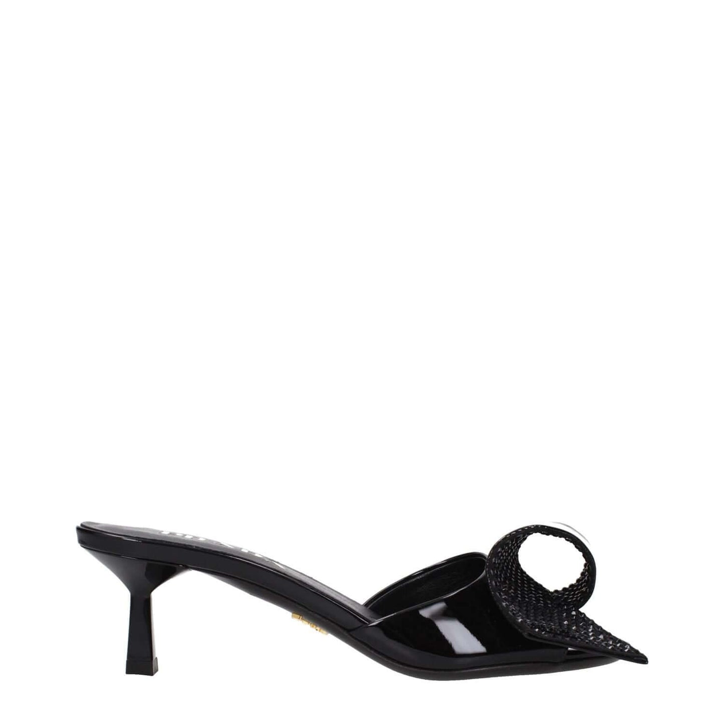 Prada Black Leather Sandals with open toe and mid heels, featuring a unique front detail, crafted from patent leather for a casual style.