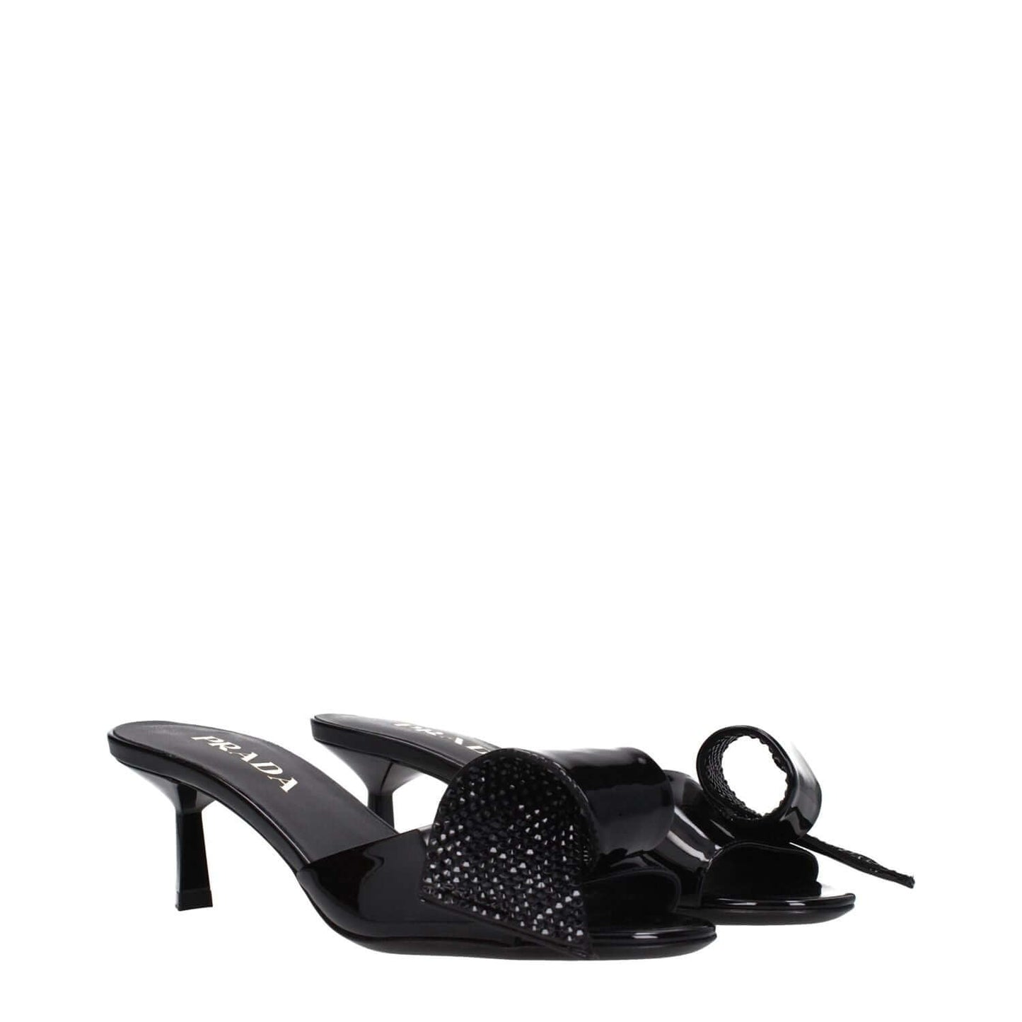 Prada Black Leather Sandals with mid heels and open toe, featuring front detail, patent leather style. MPN 1XX6913LOC055F0002.