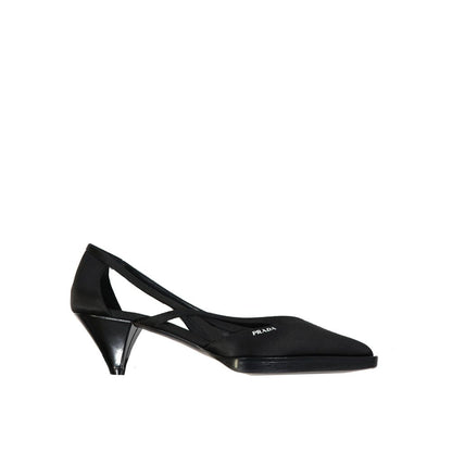 Prada Black Silk Mid Heel Pumps with 5.5 cm heel, cut-out detail, pointed toe, and slip-on design, made in Italy.