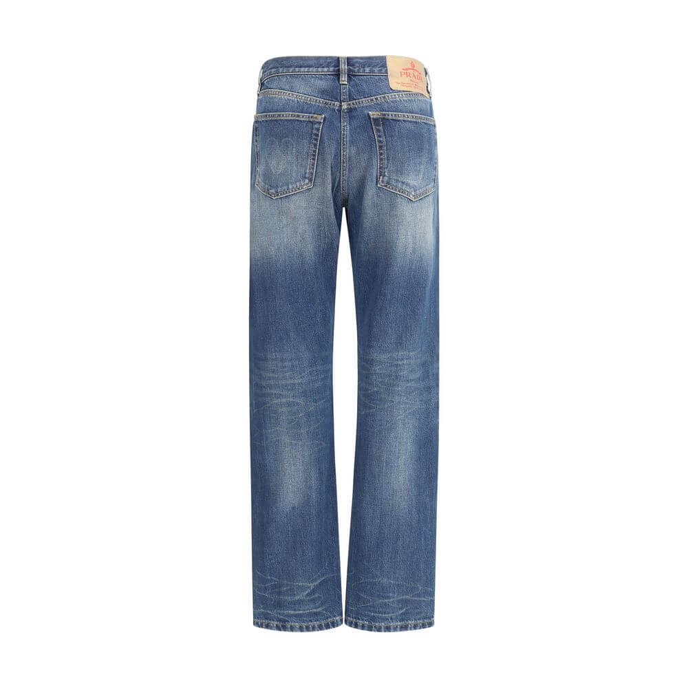 Back view of Prada Blue Cotton Straight-Leg Jeans with five-pocket styling and logo patch, showcasing contemporary elegance.