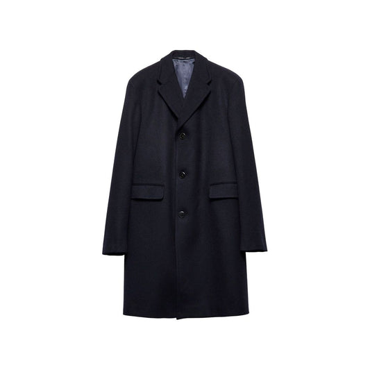 Prada Blue Wool Coat for men, single-breasted with straight hem, two side flap pockets, and back vent, featuring classic reverse.