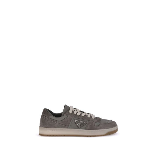 Prada Gray Calf Leather Bos Taurus Low Top Sneakers, stylish suede design with lace-up closure and comfortable flat sole.