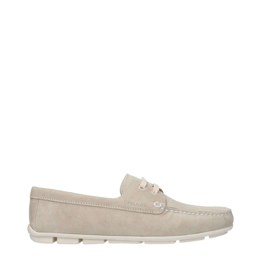 Prada Gray Leather Slip-On Loafers with side logo, lace-up closure, rubber sole, and round toe for casual style.