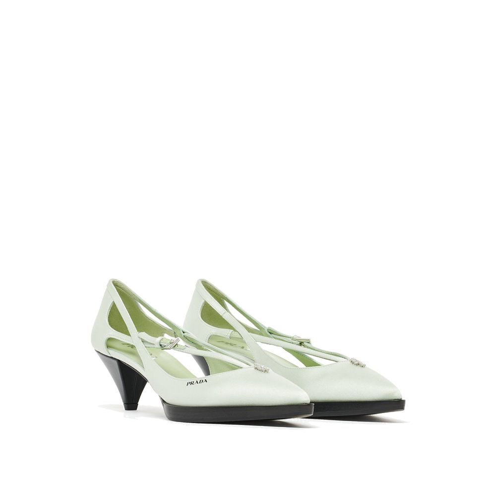 Prada Green Silk Mid Heel Pumps with pointed toe, metal buckle closure, jeweled ornament, leather insole, and 5.5 cm heel.
