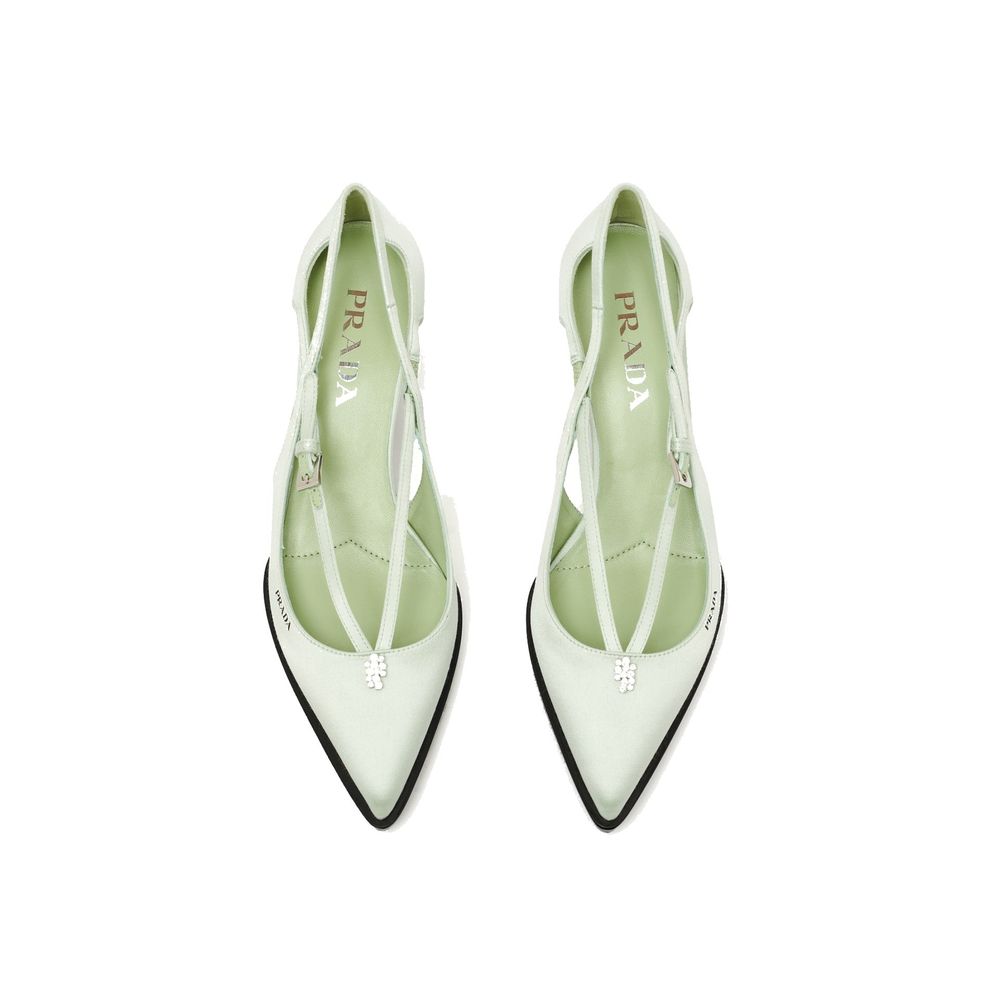 Prada Green Silk Mid Heel Pumps with jewel ornament and metal buckle closure, top view.