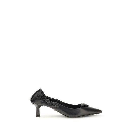 Prada Leather logo Pumps with pointed toe, elastic back, and geometric heel, featuring the iconic triangular logo in black leather.