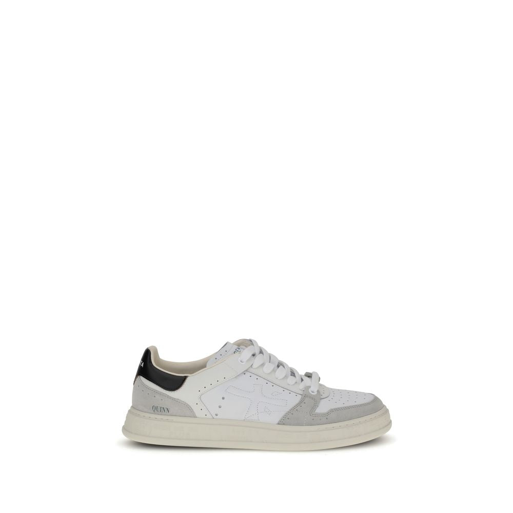 Alt Tag: Premiata White Calf Leather Bos Taurus Low Top Sneakers with perforated toe and embossed logo on side view