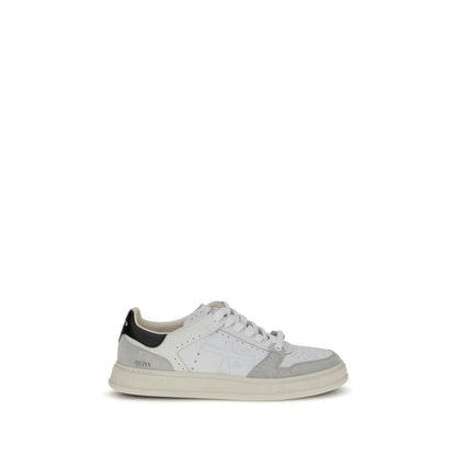 Alt Tag: Premiata White Calf Leather Bos Taurus Low Top Sneakers with perforated toe and embossed logo on side view