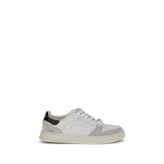 Alt Tag: Premiata White Calf Leather Bos Taurus Low Top Sneakers with perforated toe and embossed logo on side view