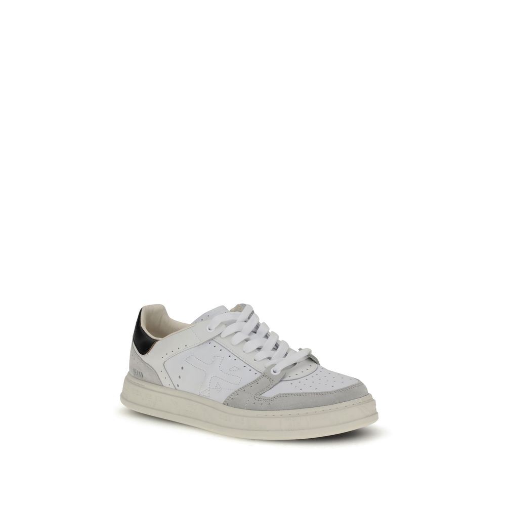 Premiata White Calf Leather Bos Taurus Low Top Sneakers with perforated round toe and embossed logo, displayed on a white background.