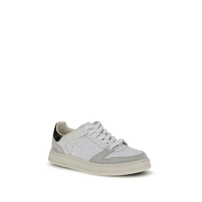 Premiata White Calf Leather Bos Taurus Low Top Sneakers with perforated round toe and embossed logo, displayed on a white background.