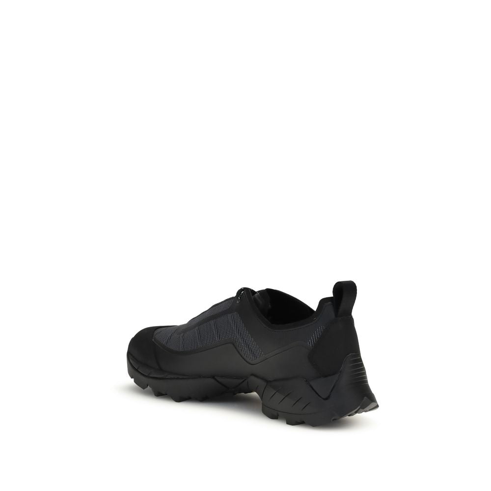 ROA Black Polyamide Athletic Sneakers with Vibram Megagrip sole, jacquard upper, and rubber toe cap shown from the back.