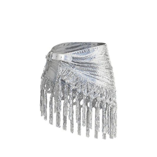 Rabanne Silver Belt with asymmetrical hem and embroidered bangs, showcasing Paco Rabanne's iconic metallic mesh design.