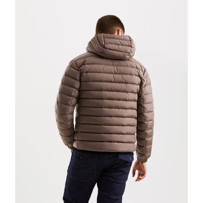 Back view of Refrigiwear Beige Nylon Men Jacket with hood showcasing urban sophistication and warmth.