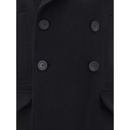 Close-up of Rick Owens Black Fleece Wool Coat with wide lapels, double-breasted button closure, and front welt pockets.