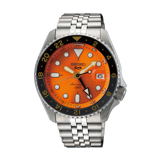 SEIKO 5 Mod. SPORTS GMT Automatic wristwatch with stainless steel case and bracelet, orange dial, and mineral glass, water resistant 10 ATM.