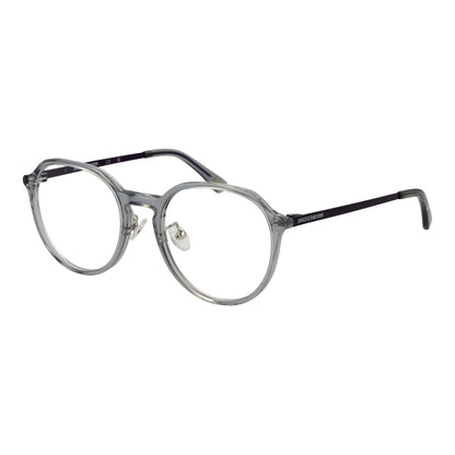 Round eyeglasses with clear frames and black temples, side view, on a white background.