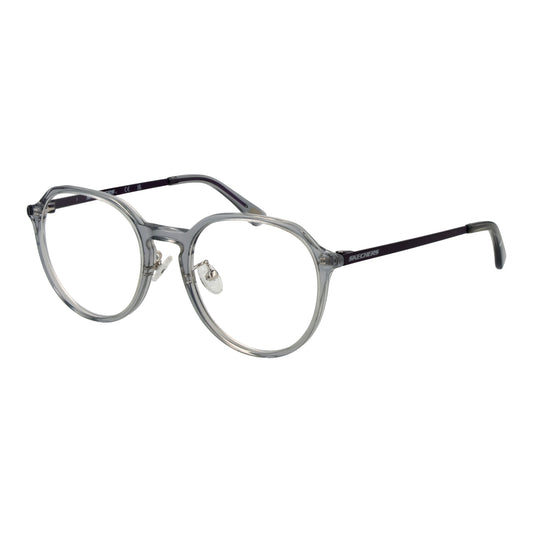 Round eyeglasses with clear frames and black temples, side view, on a white background.