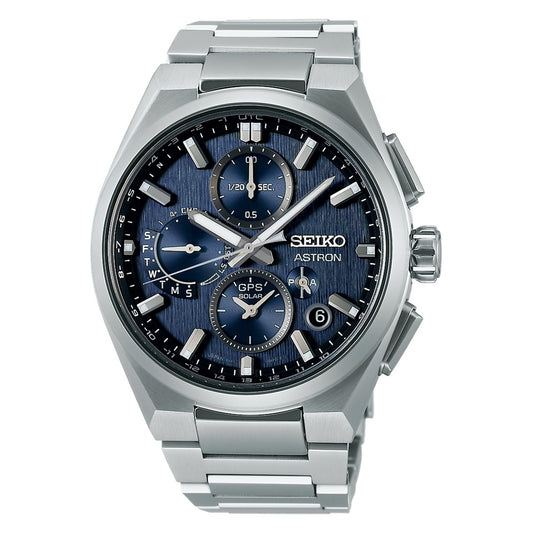 SEIKO ASTRON Mod. SOLAR GPS wristwatch with titanium case and strap, 42mm size, sapphire dial, multifunction, and water-resistant 10 ATM.