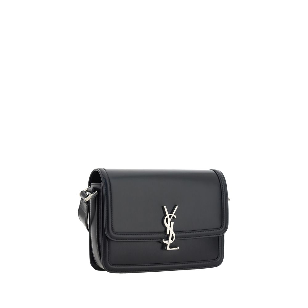 Saint Laurent Black Calf Leather Bos Taurus Shoulder Bag with iconic YSL logo and magnetic closure for elegance and functionality.