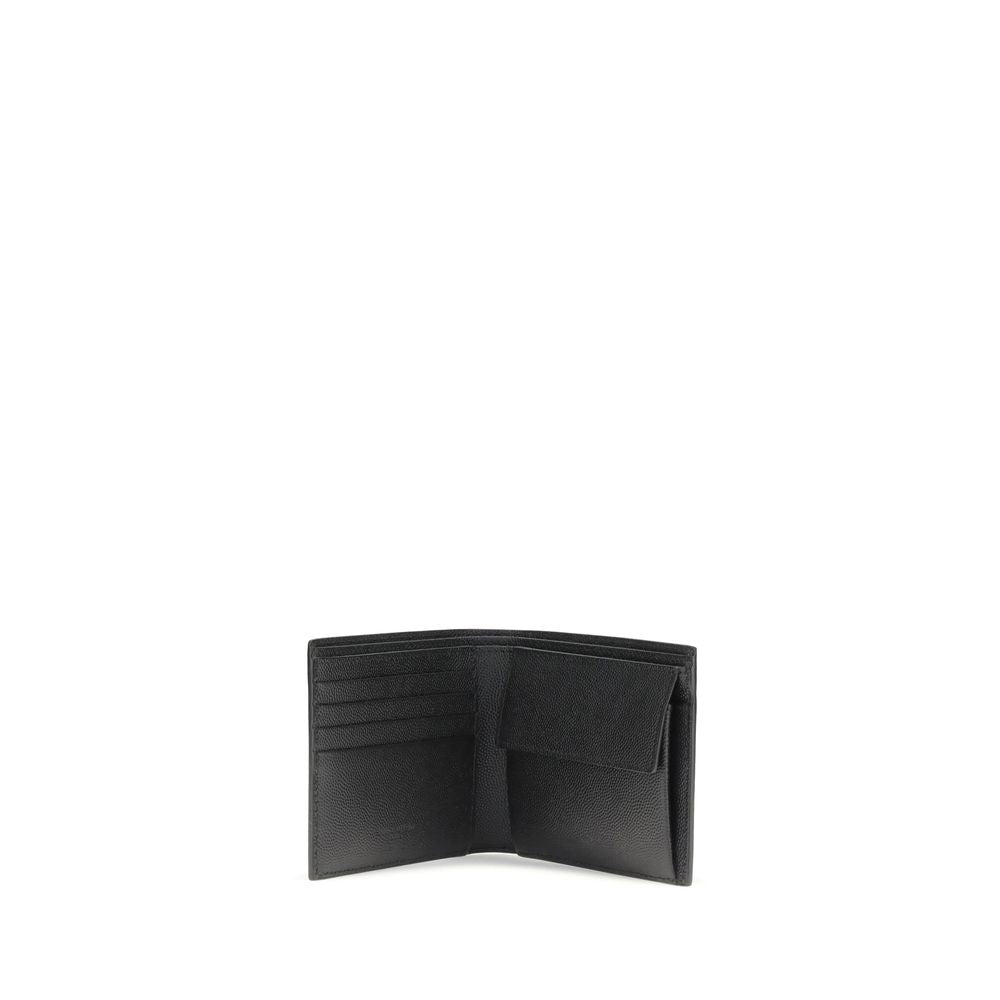 Saint Laurent Black Calf Leather Bos Taurus Wallet with card slots and coin compartment, open view, stylish accessory.